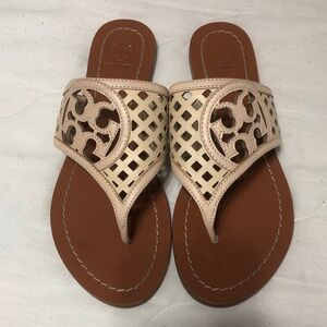 Tory Burch Cream and Brown Logo Cutout Thong Sandals